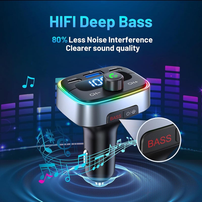 HUNDRUP Bluetooth 5.4 Car Adapter 60W Charging USB Bluetooth Adapter for Car,Wireless Fm Transmitter Radio,Handsfree Calling and Audio Receiver,HiFi Music Player,7 Colors LED Backlit - Image 2